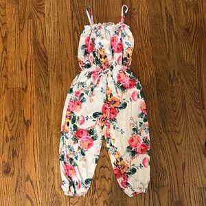 Girls White Floral Romper Jumpsuit with Pink and Green Bouquet Print fits 5/6